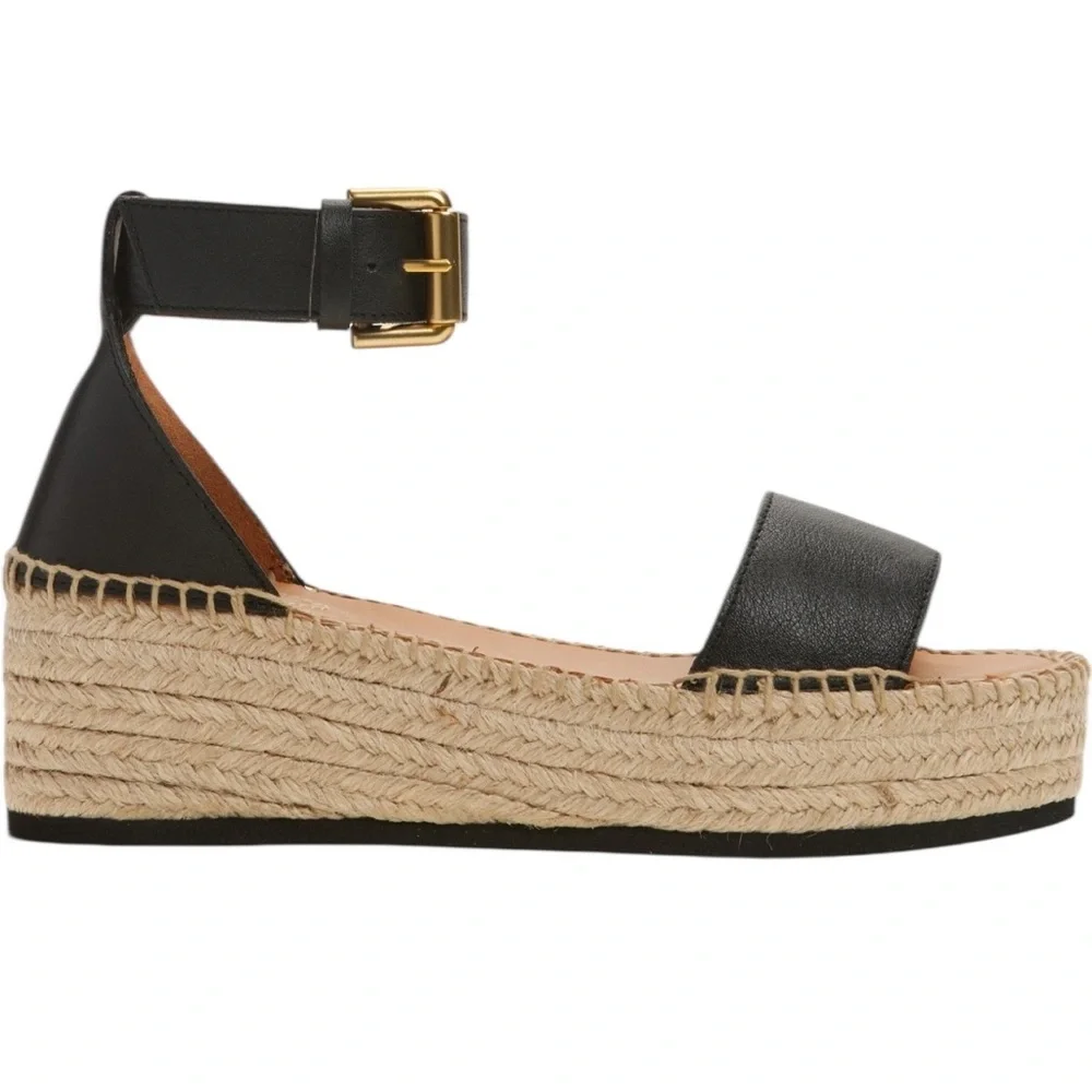 See by Chloe Glyn Espadrilles Wedge Black Leather Ankle Strap Sandals Sz 40
